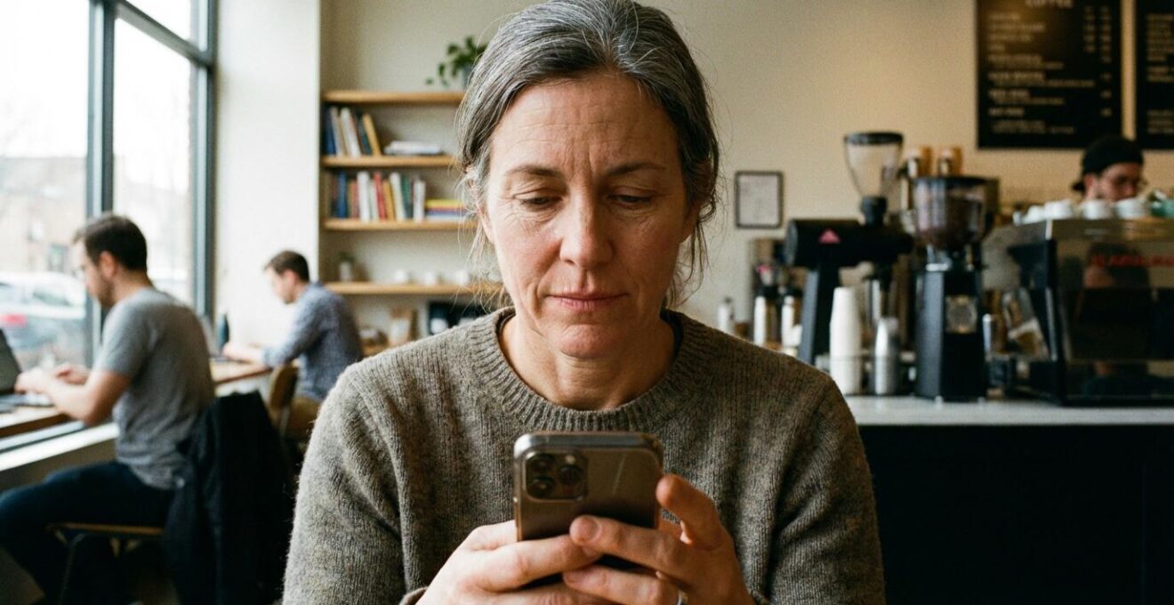 Gérante de restaurant consultant un compte rendu d'intervention anti-nuisibles sur smartphone