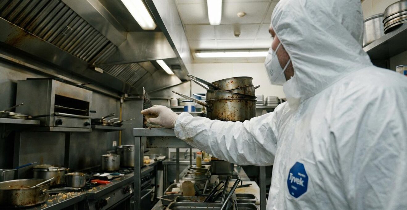 Technicien hygiéniste inspectant une cuisine professionnelle de restaurant parisien