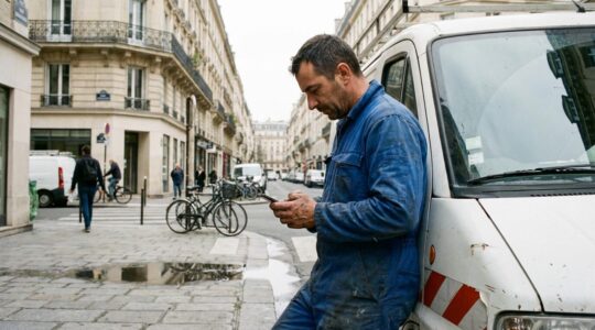 Technicien hygiéniste vérifiant son itinéraire optimisé sur smartphone devant sa camionnette dans une rue parisienne